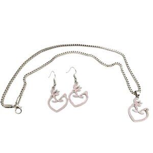 3/$20 Womens Necklace Drop Earrings Jewelry Set Silver Plated Deer Pendant Pink